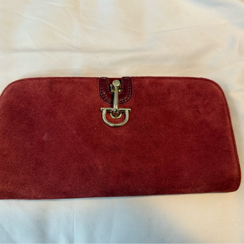 Talbots Burgundy Suede Clutch with Gold Accent